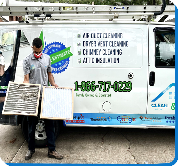 Clean & Green air duct Cleaning near me technician showing the results between the clean and dirty air filters after our HVAC duct and vent cleaning services in TX.