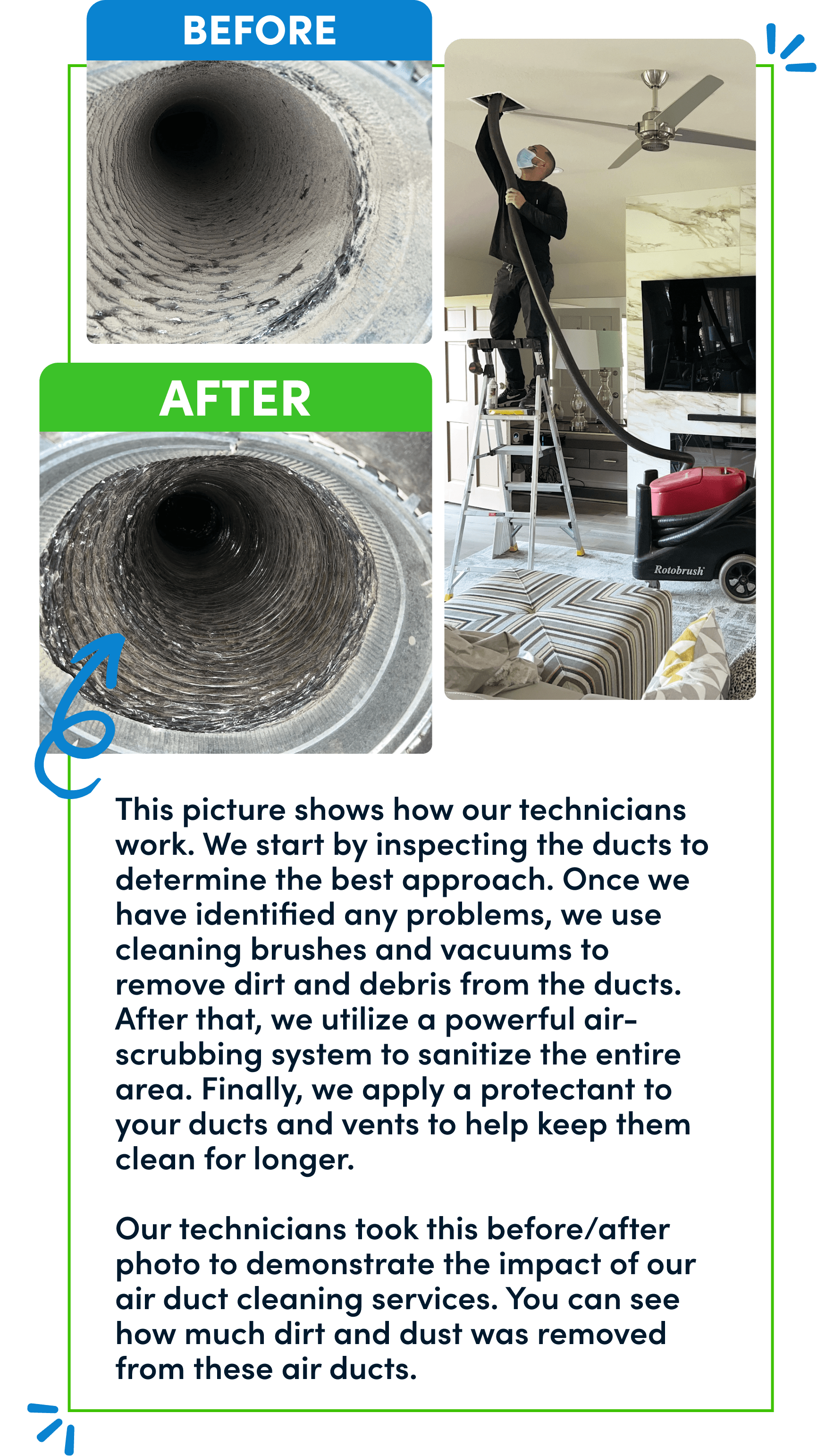 Before and after photo of air duct cleaning services in Houston, Texas, showing a significant reduction in dust and debris.